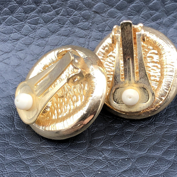 Vintage Roman Clip On Rhinestone Earrings Faux Pearl Dome Gold Tone 80s - Picture 6 of 8